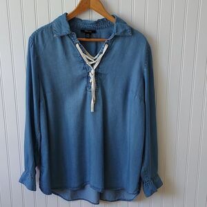 Style & Co. Women's‎ Denim Chambray Tunic Blue Lace Up Tie Neck Popover Large